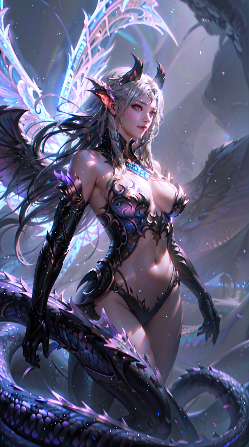 Dragon Girl, Glowing scales, Majestic wings, flowing mane, Ethereal Background, mystical atmosphere, color, Complex patterns, atmosphere, Ultra-high resolution, (Reality:1.4), RAW photos,16K,Dramatic Lighting,