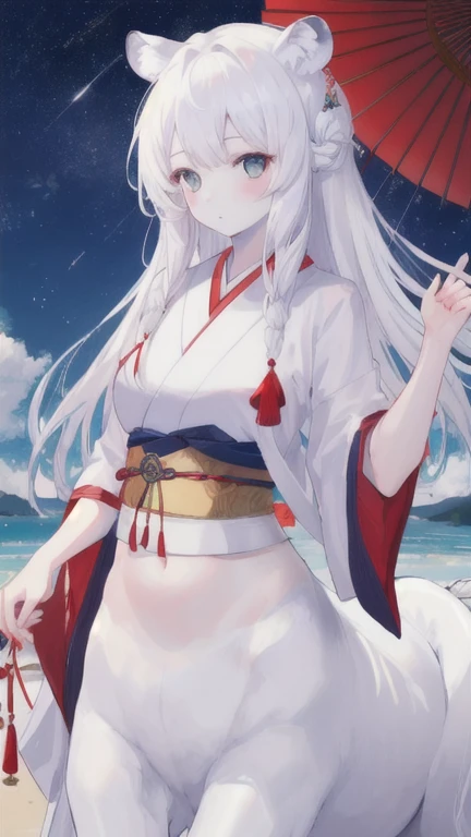 (best quality, masterpiece), 1 girl, centaur, It takes, White skin, Japanese , exposing the abdomen,belly button t-shirt, beautiful girl perfect white tiger photo, perfect white tiger photo