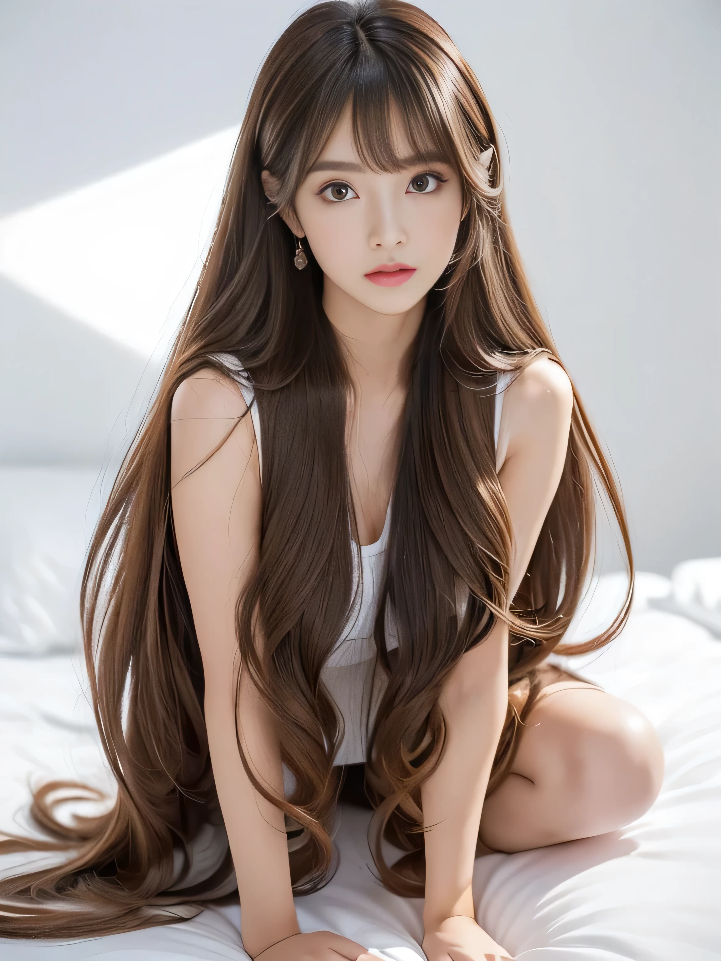 ((Sexy sway back posture:1.2))　1 female　((Beautiful 24 year old hair model with long light brown hair　fell straight down　Reaches up to the kneeVery long hair　highest quality　Highest detail　Reaches up to the knee、Very long hair that lasts forever:1.3　Flowing hair　私ncredibly straight hair　Very shiny そして thick hair　Abnormally long hair that lasts forever　Flowing Hair on both ends　long hair up to the knees:1.2　long hair up to the knees:1.2　Thick and shiny hair　Very free hair　Abnormally long hair!!!!!　Beautiful silky hair　　Beautiful and shiny hair　Beautiful and shiny hair　Beautiful silky hair　Hair that grows to the knees　Very very, Very long hair!!!!!　Very very, Very long hair!!!!!))　(highest quality　The best ultra-fine　Reaches up to the knee、Very long hair that lasts forever　Flowing hair　Her hair is incredibly straight..!!!!!　Very shiny そして thick hair　Abnormally long hair that lasts forever　Flowing Hair on both ends　long hair up to the knees:1.2　long hair up to the knees:1.2　Thick and shiny hair　Very free hair　Abnormally long hair!!!!!　Beautiful silky hair　Super long hair down to the knees　Beautiful and shiny hair　Beautiful and shiny hair　Beautiful silky hair　Hair that grows to the knees　Very very, Very long hair!!!!!　Very very, Very long hair!!!!!))　(Her bangs are perfectly styled、Straight down.:1.3)　((Her hair color is light brown:1.5))　(Pure white wall background Pure white bed)　(Japan&#39;The sexiest and most beautiful 24 year old hair model)　(She looks at the viewer with a very captivating expression..........)　((highest quality)), ((masterpiece)), (Familiar)　(Get used to it)　Perfect Face　(Her skin is a typical Japanese skin color..　And very detailed)　　(Big Breasts:1.3)　(She is wearing a shiny white camisole.)　(She has a beautiful face and a typical Japanese figure...., Narrow eyes)　(She has perfect 美しい and sexy makeup and face　Lipstick is light red　A solid eyeliner)　((Rich 1.4))　(Extremely detailed 8K)　(Ultra-fine skin texture 1.4)　(Actual, Vibrant:1.4), double eyelid　Sharp focus:1.2、Beautiful woman:1.4　Dynamic Lighting　(Genuine RAW photos taken by professional photographers)　　Professional Hair Shine.　(She has a bright and cheerful face)　(Her face is slim and dignified.., length, Narrow eyes..々Nice face)　