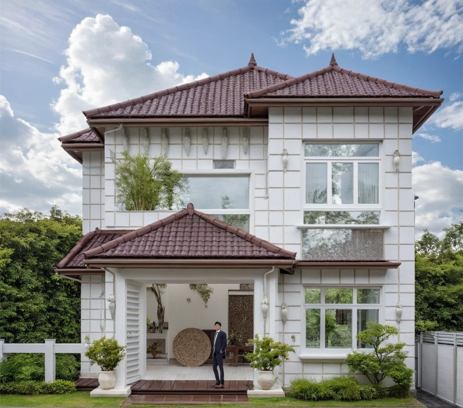 Raw photo,Masterpiece, high quality, best quality, authentic, super detail, exterior, outdoors, house style modern on the street,pavement, grass, trees, sky, cloud, (day:1.1), ((WHITE  style color : 1.3)); (((CHOCOLATE COLOR STYLE ROOF TILES : 1.7))) , japanese  roof style