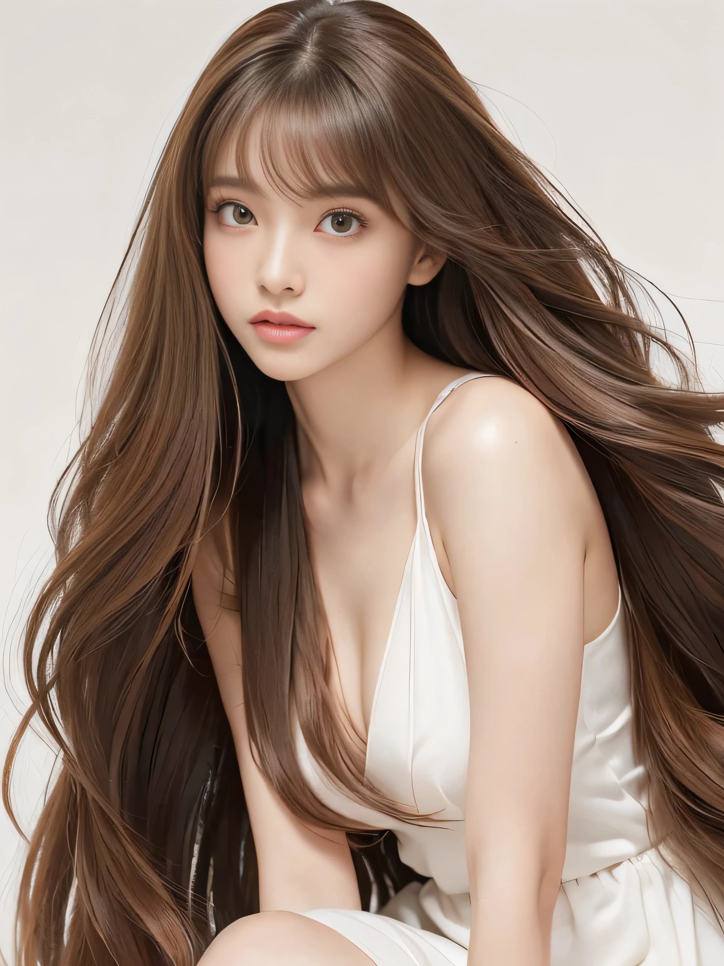 (Upper body shot of a woman making random sexy poses on a white bed) ((Beautiful 24 year old hair model with long light brown hair fell straight down!!! Reaches up to the kneeVery long hair highest quality Highest detail Reaches up to the knee、Very long hair that lasts forever:1.3 Flowing hair 私ncredibly straight hair Very shiny そして thick hair Abnormally long hair that lasts forever Flowing hair on both sides!!!!! long hair up to the knees:1.2 long hair up to the knees:1.2 Thick and shiny hair Very free hair Abnormally long hair!!!!! Beautiful silky hair Beautiful and shiny hair Beautiful and shiny hair Beautiful silky hair Hair that grows to the knees Very very, Very long hair!!!!! Very very, Very long hair!!!!!)) (highest quality The best ultra-fine Reaches up to the knee、Very long hair that lasts forever Flowing hair Her hair is very straight!!! Very shiny そして thick hair Abnormally long hair that lasts forever Flowing Hair on both ends long hair up to the knees:1.2 long hair up to the knees:1.2 Thick and shiny hair Very free hair Abnormally long hair!!!!! Beautiful silky hair Super long hair down to the knees Beautiful and shiny hair Beautiful and shiny hair Beautiful silky hair Hair that grows to the knees Very very, Very long hair!!!!! Very very, Very long hair!!!!!)) (Her bangs are perfectly styled、Straight down.:1.3) ((Her hair color is light brown:1.5)) (Pure white wall background Pure white bed) (Japan'The sexiest and most beautiful 24 year old hair model) (She makes her audience laugh:1.5) ((highest quality)), ((masterpiece)), (Familiar) (Get used to it) Perfect Face (Her skin is a typical Japanese skin color.. And very detailed) (Big Breasts:1.6) (She is wearing a shiny white camisole.) (She has a beautiful face and a typical Japanese figure...., Narrow eyes) (She has perfect 美しい and sexy makeup and face Lipstick is light red A solid eyeliner) ((Rich 1.4)) (Extremely detailed 8K) (Ultra-fine skin texture 1.4) (Actual, Vibrant:1.4), double eyelid Sharp focus:1.2、Beautiful woman:1.4 Dynamic Lighting (Genuine RAW photos taken by professional photographers) Professional Hair Shine. (She has a bright and cheerful face) (Her face is slim and dignified.., length, Narrow eyes..々Nice face)