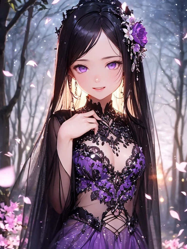 (masterpiece:1.2),(4k),high quality,(1 girl),flat chest,black long hair,beautiful detailed purple eyes,smile,open mouth,In the fantastic beauty of the purple moon light, elegant gothic princess, black and purple clothing,fantasy costumes,Bokeh, A gentle light spreads over the tranquil surroundings, Delicate petals blend into intricate patterns,The background is soft and blurry,Add a dramatic and symbolic element to your scene, The petals are soft, Magical colors and atmosphere,film lighting of purple