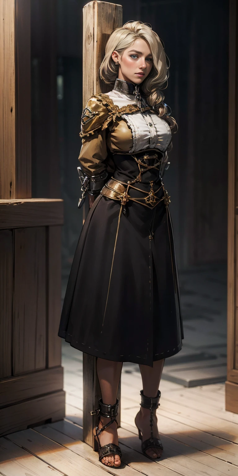 (masterpiece, best quality), intricate details, 1girl, Mercedes von Martritz, (standing full body toe to head by wooden pole:1.2), iron collar, arms behind back, iron cuffs, shackles, bound,