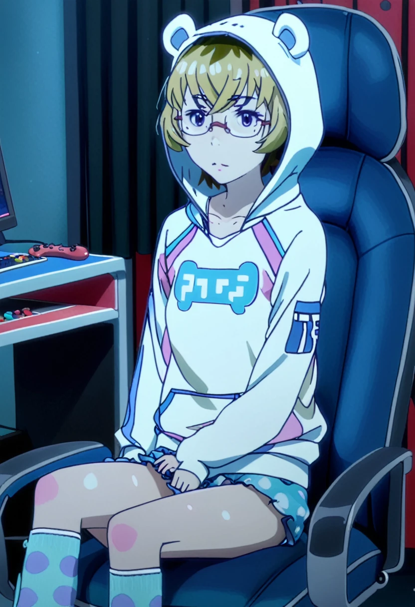 1 girl, solo, Ito, hood with animal ears, white hoodie, blonde hair, glasses, multicolored hair, blue polka dot panties, purple eyes, short hair, aqua skirt, socks, sitting on gamer chair, 