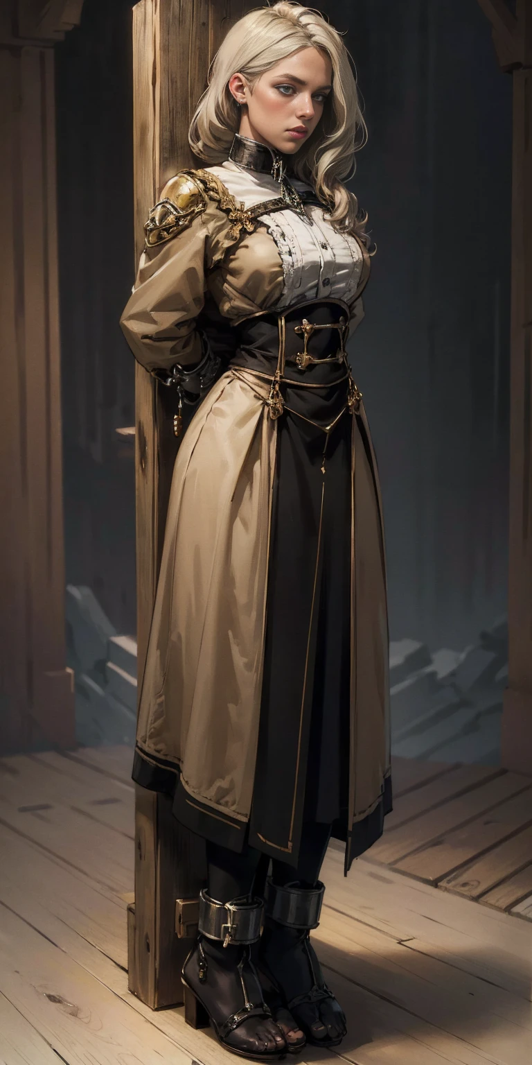 (masterpiece, best quality), intricate details, 1girl, Mercedes von Martritz, (standing full body toe to head by wooden pole:1.2), iron collar, arms behind back, iron cuffs, shackles, bound, cleave gag
