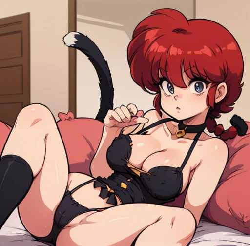 Ranma, cabello rojo, Cabello con trenza, ojos azules, ojos detallados, cuerpo completo, Cleavage Bulge, Sexy Attire, Cat Lingerie, orejas de gato, cola de gato,