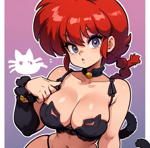 Ranma, cabello rojo, Cabello con trenza, ojos azules, ojos detallados, cuerpo completo, Cleavage Bulge, Sexy Attire, Cat Lingerie, orejas de gato, cola de gato, 