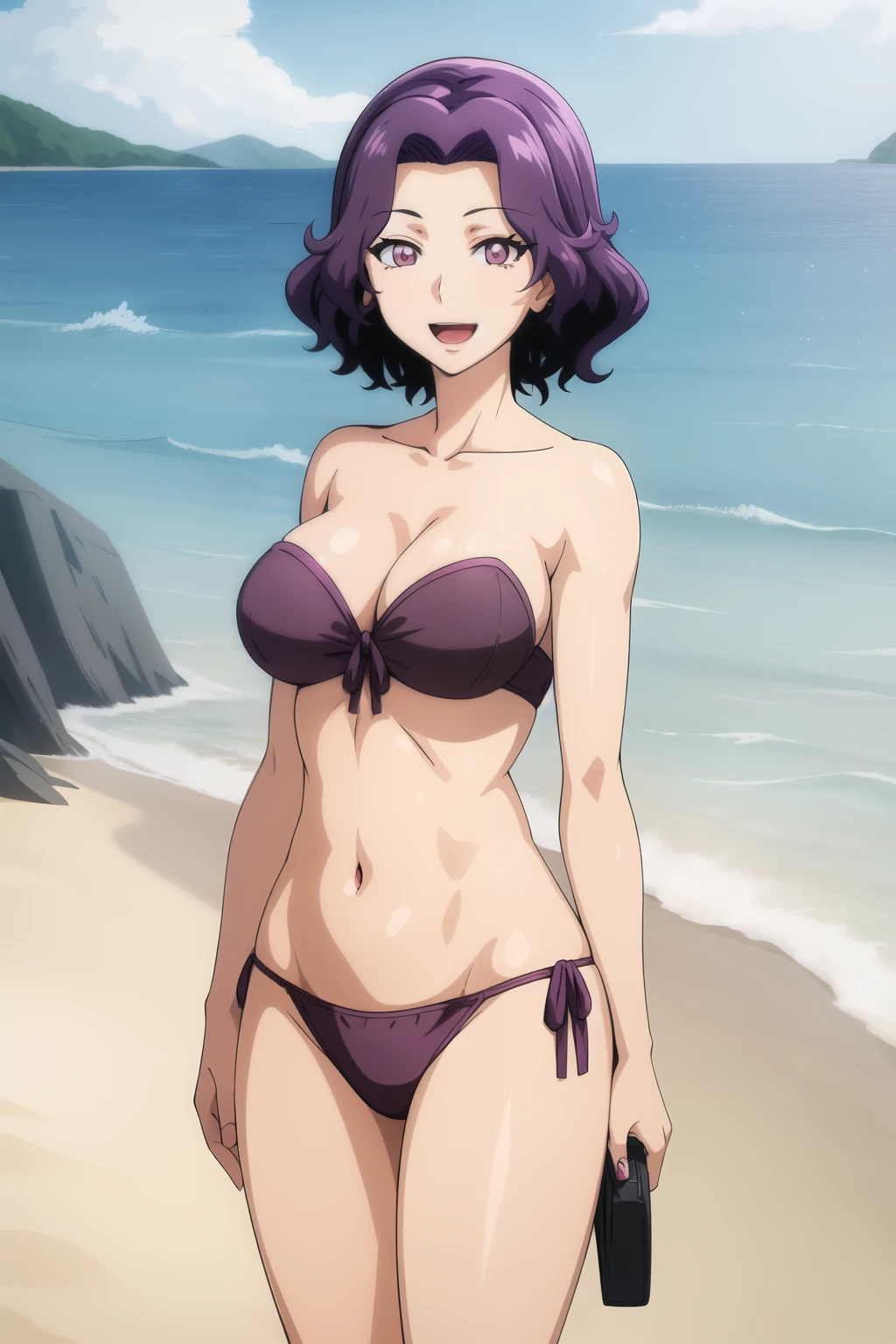 best quality, (masterpiece:1.2), highly detailed, standing, beach, mature woman,
1girl, solo, hamaoka azusa,
looking at the viewer, open mouth, smile,
purple eyes, purple hair, short hair, strapless bikini, black bikini