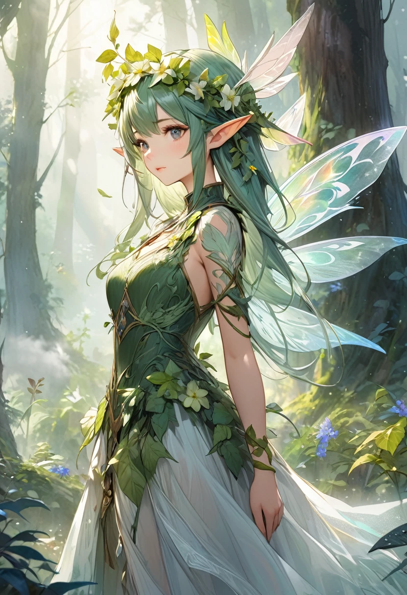 Cute girl forest elf with vine flowers on her head(elf ears),She has transparent feather wings, fairy wings, in the misty woods(thick fog),Background abstract blur fog charming shine, Highly detailed art romantic, outstanding, Like a dream, Fantasy elves,Fine brushwork watercolor texture, complex, clear and high-quality masterpiece,Extremely complex and exquisitely detailed, ultra-detailed fantasy characters, Ultra-detailed digital art, concept art