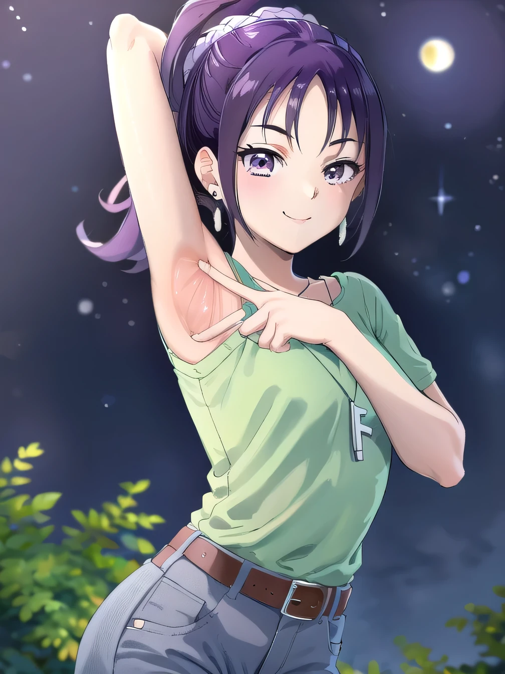 green shirt, earrings, necklace, white scrunchie, high ponytail, belt, jeans, brown sneakers, purple socks, mishoumai, 1girl, solo, looking at viewer, solo, night sky, forest, arms behind head, contrapposto, spread armpits, closed mouth, smile, upper body, looking at viewer,