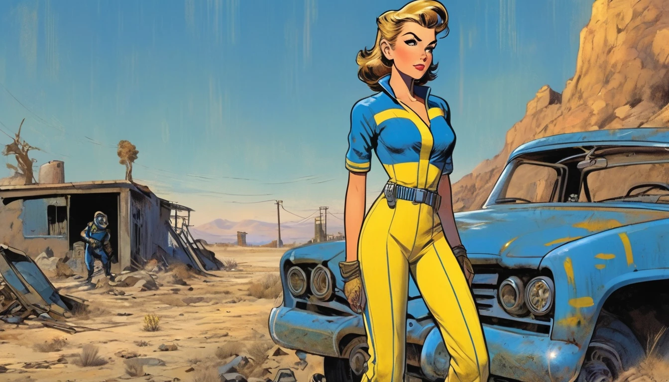 1girl, expressive eyes, wink, tanned skin, in fallout blue with yellow stripe jumpsuit, vaul-boy pose, wasteland in sunset in background, detail richness, masterpiece, best quality, fallout style, pulp's comics style