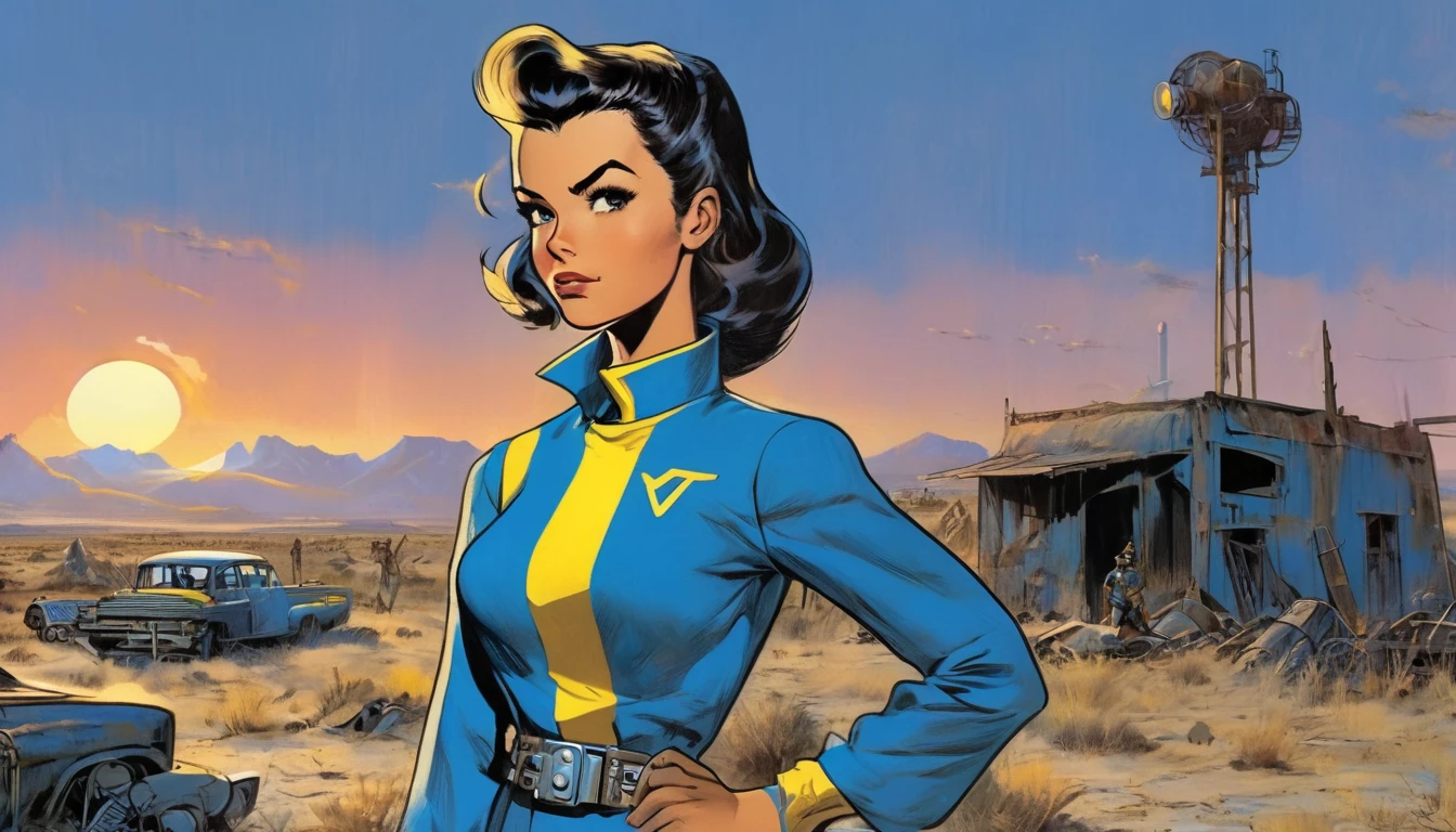 1girl, expressive eyes, wink, tanned skin, in fallout blue with yellow stripe jumpsuit, vaul-boy pose, wasteland in sunset in background, detail richness, masterpiece, best quality, fallout style, pulp's comics style