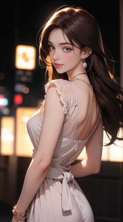 8k, masterpiece, RAW Photos, highest quality, Realistic, Depth of written boundary, Cinematic Light,  (Very beautiful face, Beautiful Lips, Beautiful Eyes), Exquisitely detailed face, ((Highly detailed skin)) 、 In the Dark, Deep Shadow, 1 girl,(smile:1.1), (Midnight, Dark Night, (Neon Signs), (Blurred Background), Dim Light), (No people in the background:1.3), Beautiful earrings, bracelet, necklace,  Clear Eyes,  (Big eyes),  (Brown Hair),  (View Viewer:1.3), Very slim, Large Breasts,  (Gorgeous lace mini dress), Exposed buttocks, Shot from the waist up