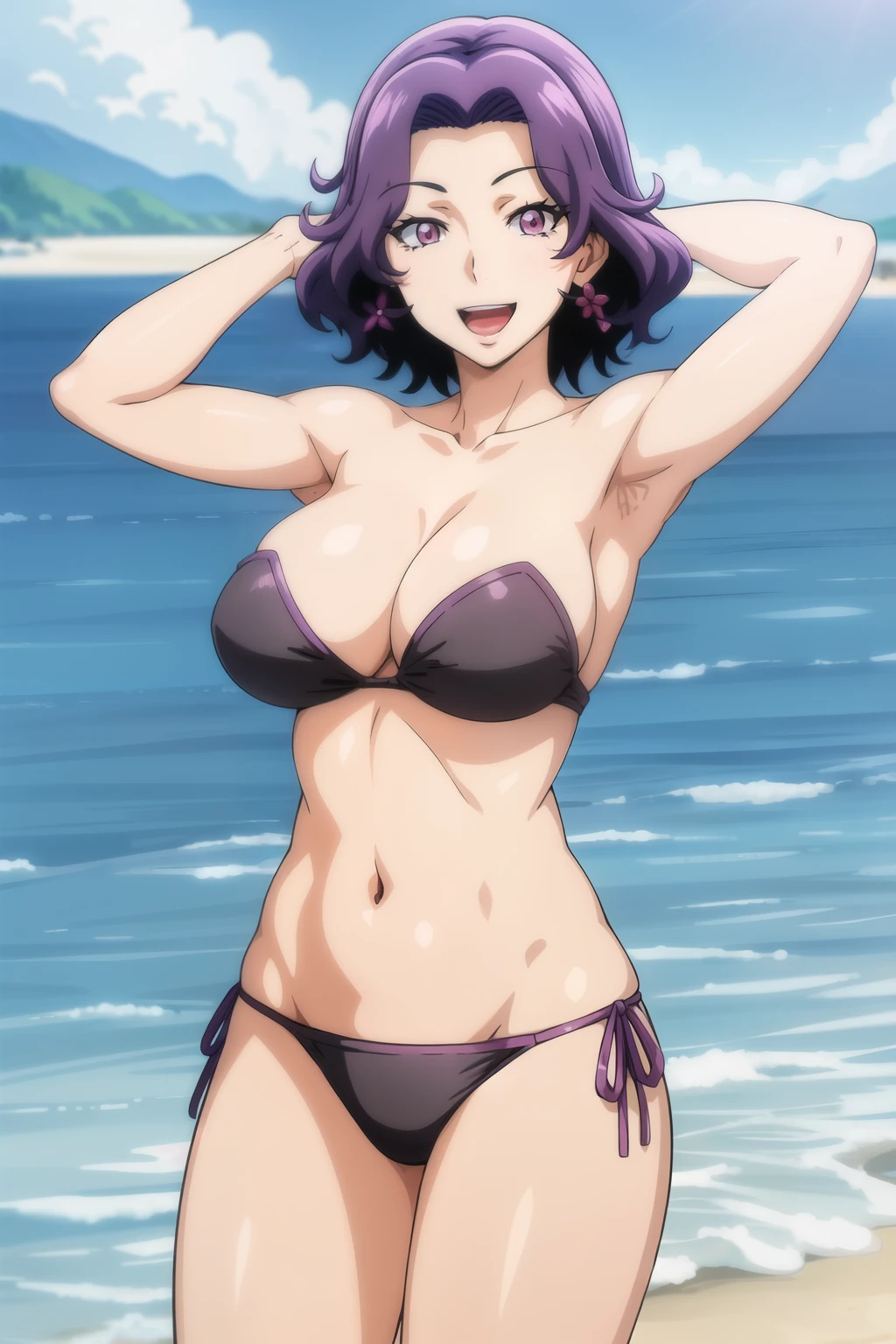 best quality, (masterpiece:1.2), highly detailed, standing, beach, mature woman,
1girl, solo, hamaoka azusa,
looking at the viewer, open mouth, smile,
purple eyes, purple hair, short hair, strapless bikini, black bikini, arms behind head, show both armpits