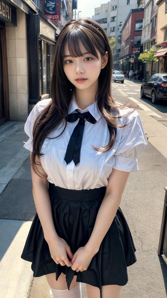 masterpiece, best quality, illustration, Super detailed, fine details, High resolution, 8K,wall paper, perfect dynamic composition,(Details High quality, realistic depiction of eyes:1.3), waitress uniform, restaurant, beautiful chest,very heavy chest, large breasts, short bob hair、black hair color, Big Natural Color Lip, perfect body shape, crying a little、cold gaze, Harajuku style、20 year old girl、cute type、lolita、beautiful legs, focus on crotch, full body photo, gravure idol, (join hands with someone)