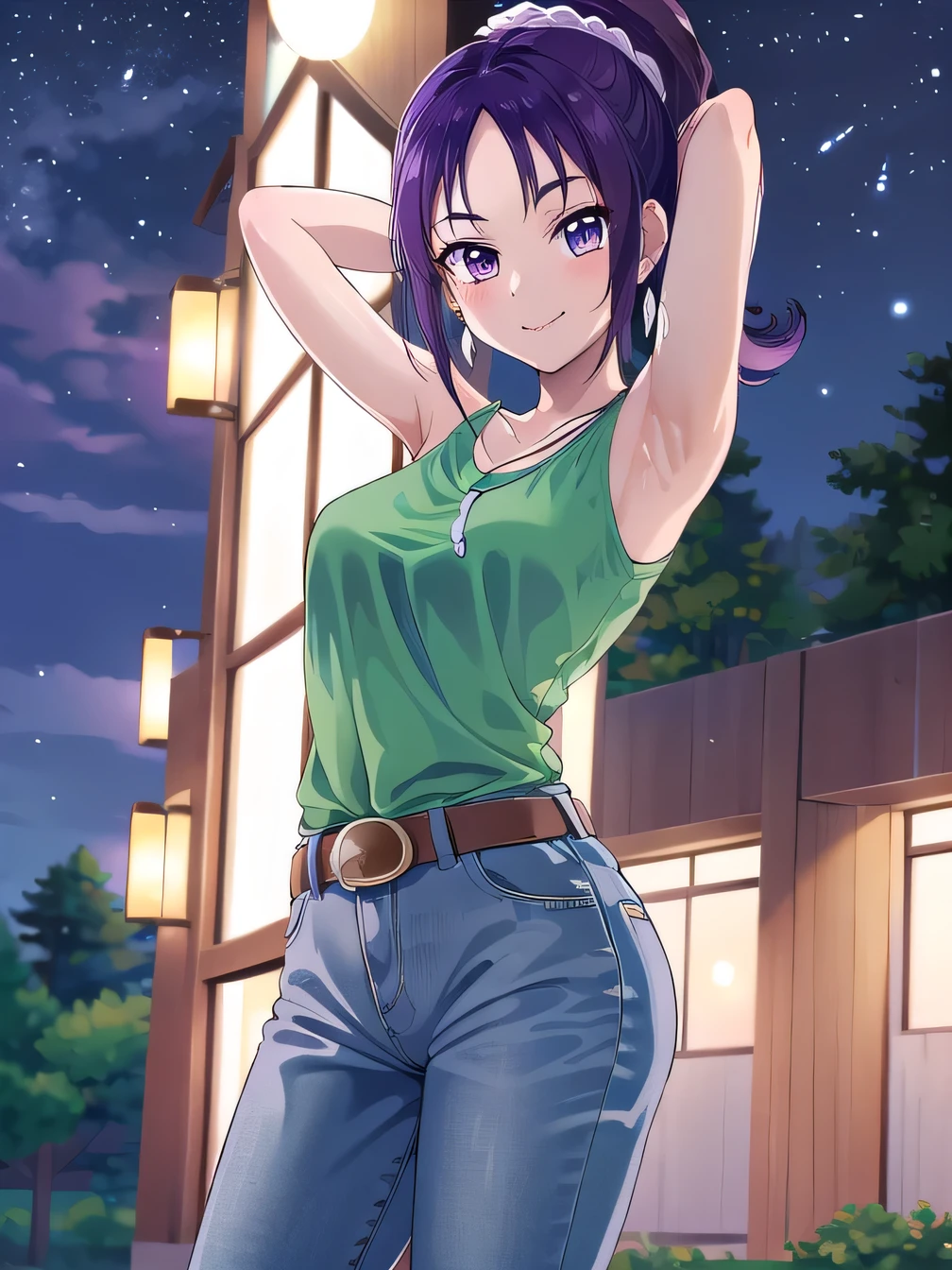 green shirt, earrings, necklace, white scrunchie, high ponytail, belt, jeans, brown sneakers, purple socks, mishoumai, 1girl, solo, looking at viewer, solo, night sky, forest, arms behind head, contrapposto, spread armpits, closed mouth, smile, (cowboy shot:1.5), looking at viewer,