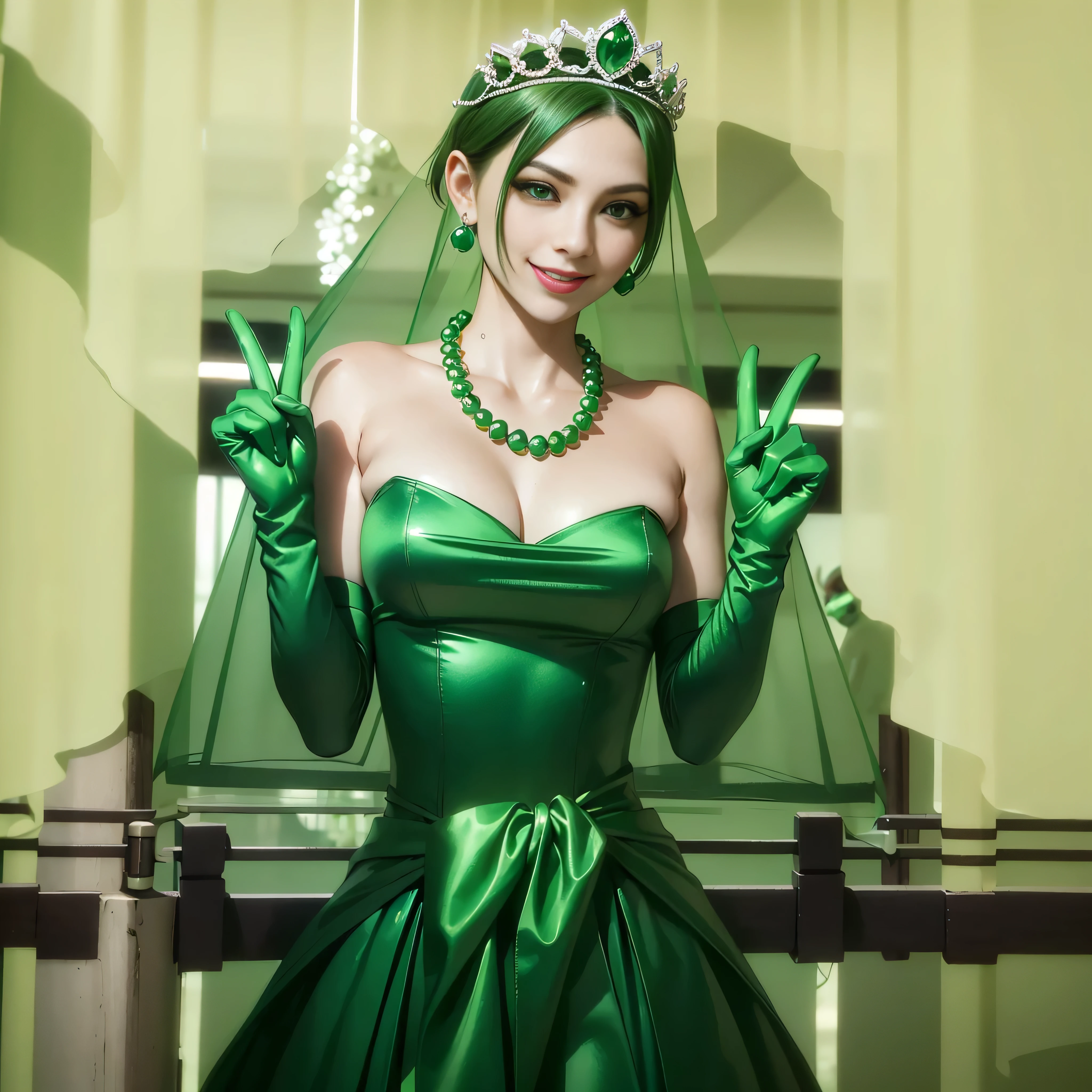 Emerald tiara, Green Pearl Necklace, Boyish very short green hair, lipstick, Smiling Japanese woman, Very short hair, Big and beautiful, Green Eyes, Long green satin gloves, Green Eyes, V sign, Emerald Earrings, Green veil, peace sign, 30-year-old female, Bride in her 30s
