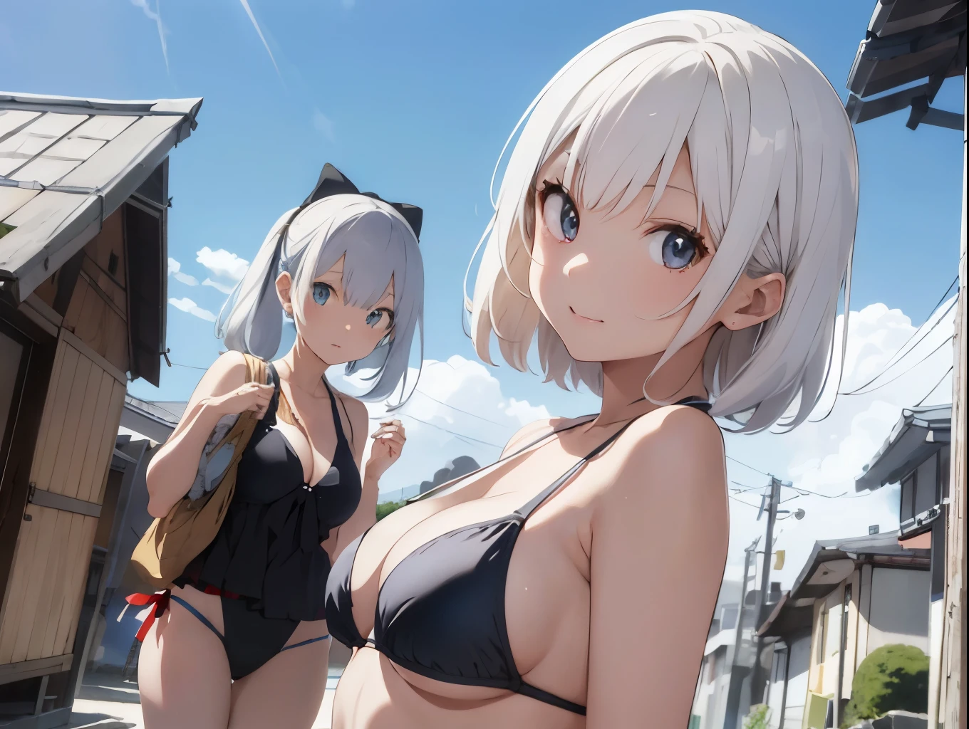 White-haired girl drawn in high resolution Japanese anime style、Girls of different races、Group of women taking photos in bikinis, Bikini Model, , A young and cute gravure idol, Posing together in bras, Russian and Japanese mix, sakimichan, Asian woman, Wear a swimsuit, that'that'that'that'that'that'that'that'that'that'that'that'that'It's hot with the shining sun, Japanese Model, Cute Core, sakimichan hdri, Young Gravure Idol, Chubby