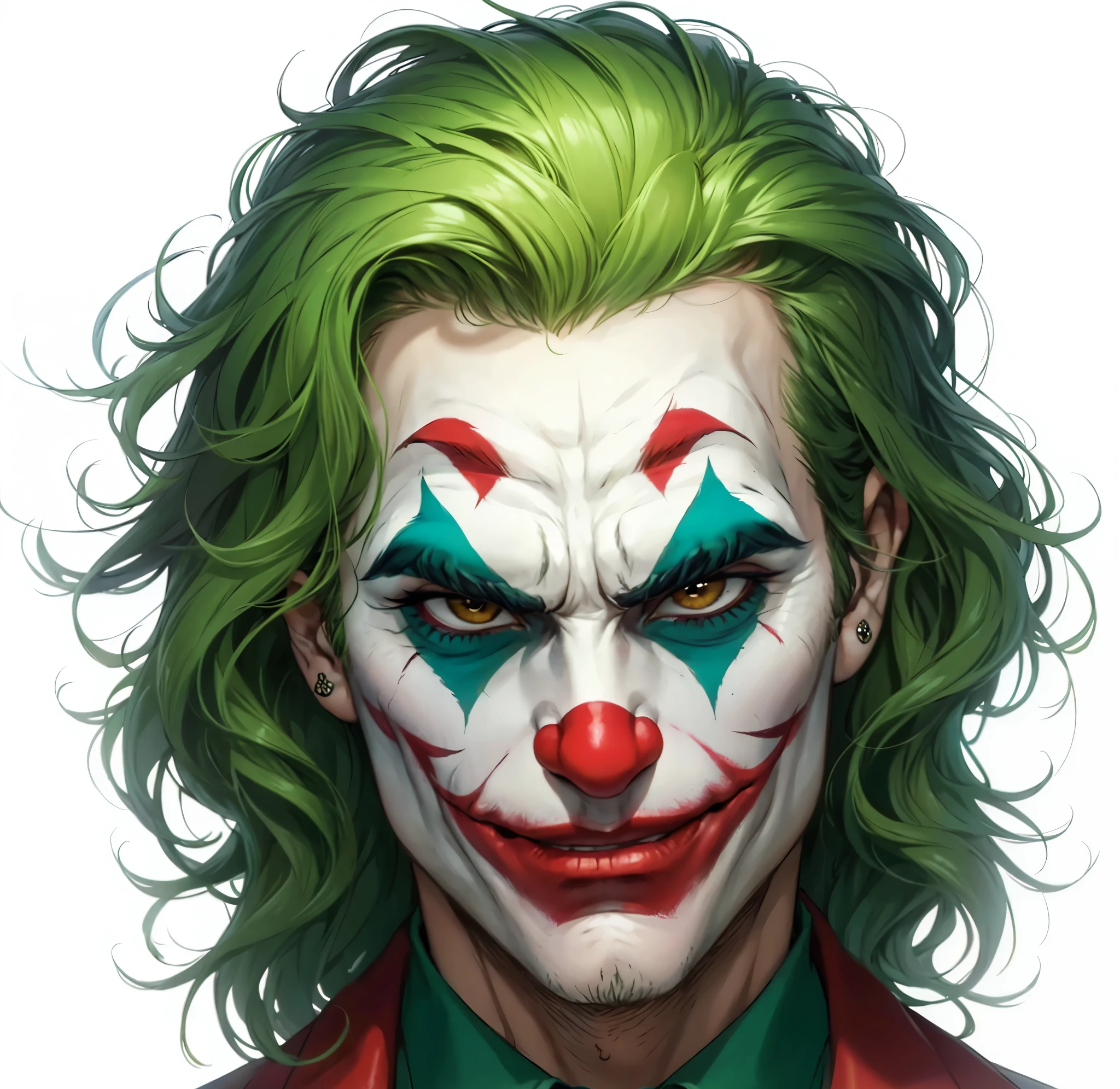 Joaquin Phoenix, Joker, filme, cinema, extremamente realista, Terno vermelho, detalhe amarelo, cabelo verde, clown makeup, sorriso malicioso 
