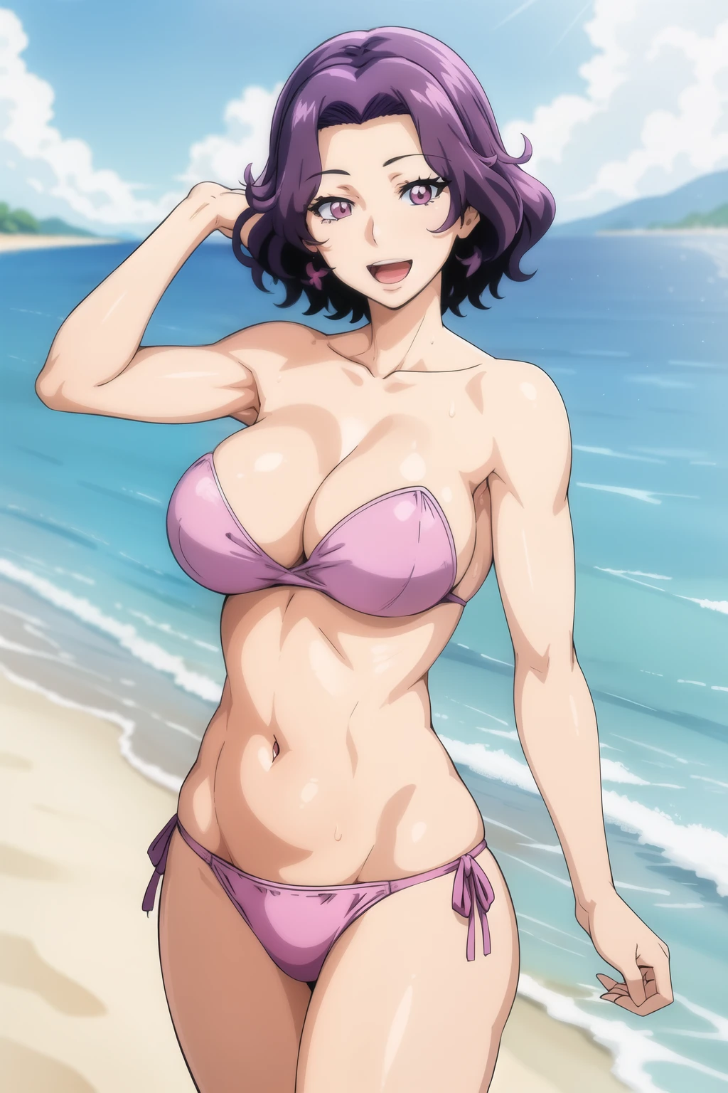 best quality, (masterpiece:1.2), highly detailed, standing, beach, mature woman,
1girl, solo, hamaoka azusa,
looking at the viewer, open mouth, smile,
purple eyes, purple hair, short hair, strapless bikini, white bikini, arms behind head, show both armpits, sweaty body, 