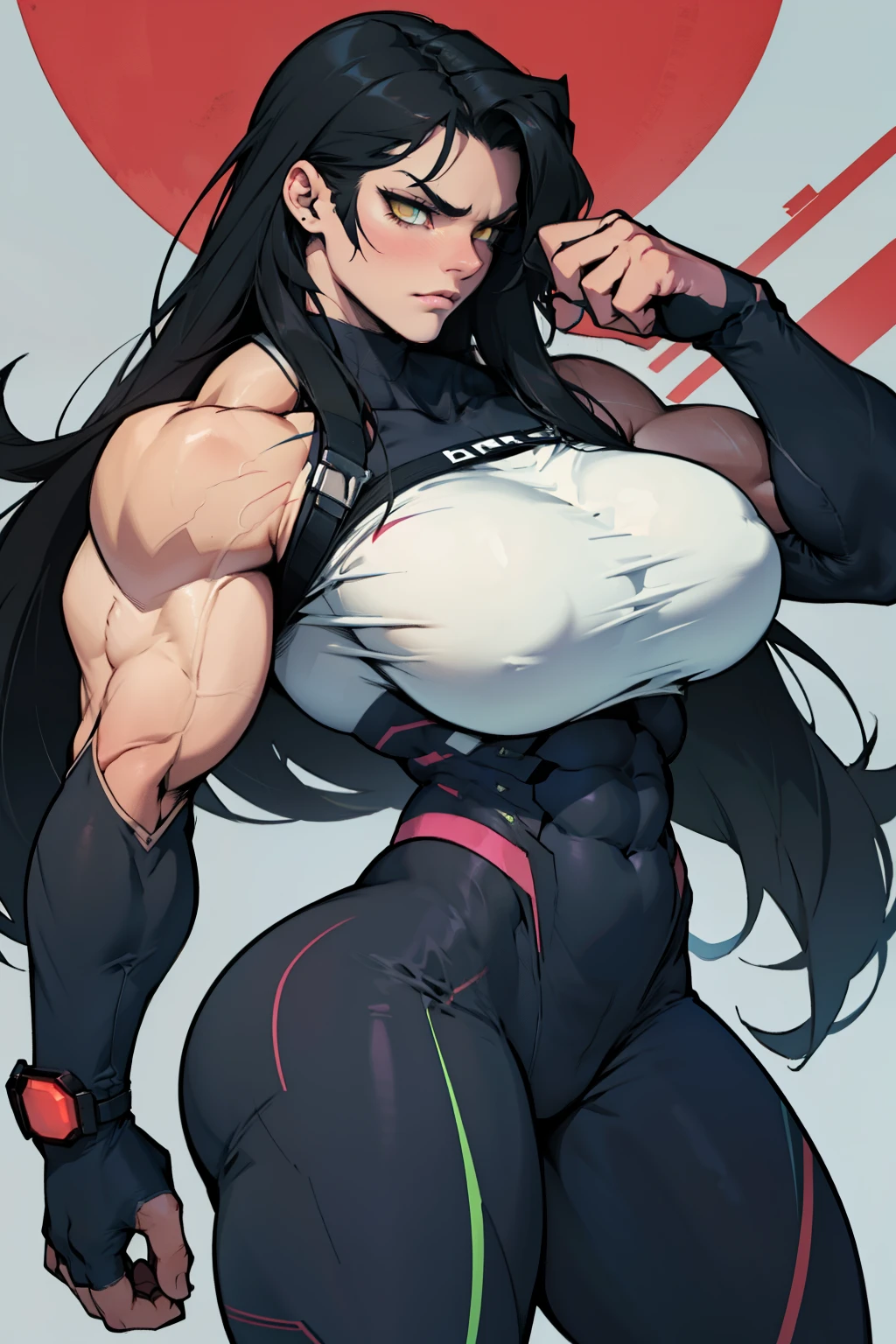 huge muscles huge breasts huge thighs pale skin black hair yellow eyes very long hair muscular girl sad expressionless skintight