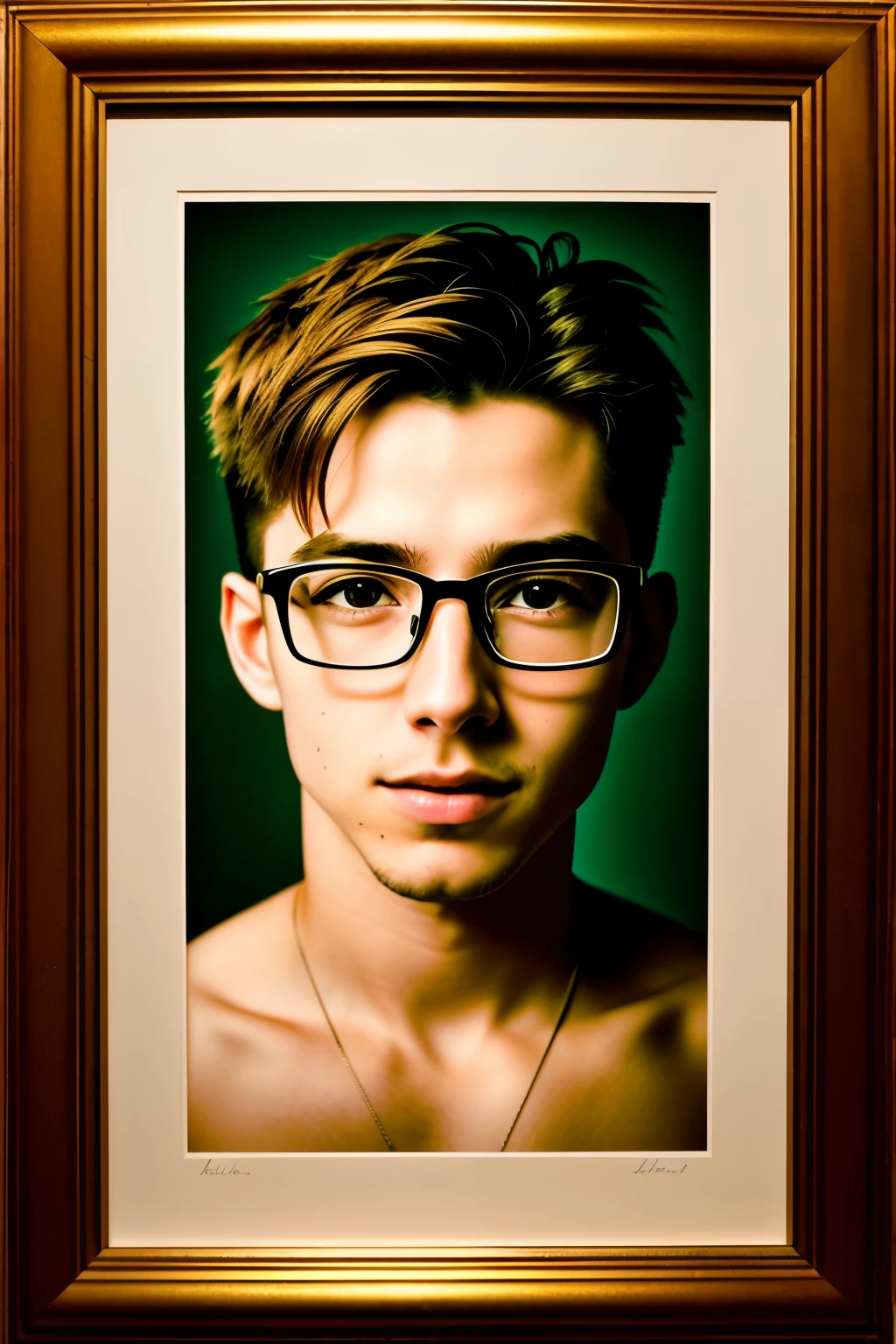 Title: Caught in a Surprise: A Daring Moment in Time

Amber-hued portrait of a captivating 20-year-old man, adorned with glasses, discovered in an intimate moment with someone not his partner.

Shot in stunning high resolution, this photograph is a masterpiece that showcases the subject's raw emotions and unexpected situation. The lifelike realism (1.4) brings the scene to life, while the subtle film grain (1.3) adds a touch of authenticity.

The scene is framed as a selfie, providing a unique perspective that draws the viewer into the moment. The man's features are sharply defined