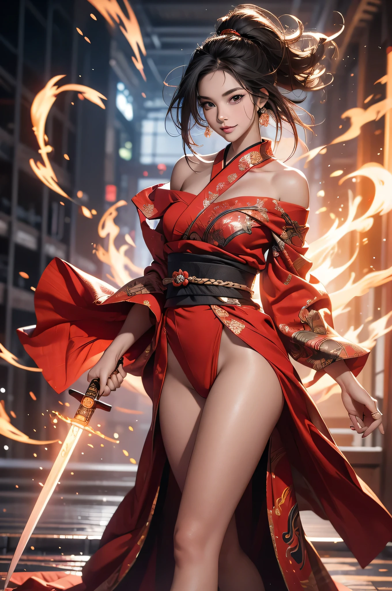 (RAW shooting, Photoreal:1.5, 8k, highest quality, masterpiece, ultra high resolution), Sengoku, Japanese architecture on fire:1.3, Wars flaring up everywhere:1.3, perfect dynamic composition:1.2, Highly detailed skin and facial textures:1.2, Slim female samurai with a sharp Japanese sword:1.3, Fight:1.2, beautiful and aesthetic, cute and sexy beauty, perfect style:1.2, wear elaborate rings, fire, water, Wind, thunder, ice, Fair skin, very beautiful face, (Medium chest, Chest gap), (embarrassing smile, The expression on your face when you feel intense caress, Facial expression when feeling pleasure), (Wearing a sexy Sengoku uniform:1.1, off shoulder), (beautiful blue eyes, Eyes that feel beautiful eros:0.8), (Too erotic:0.9, Bewitching:0.9), full body shot