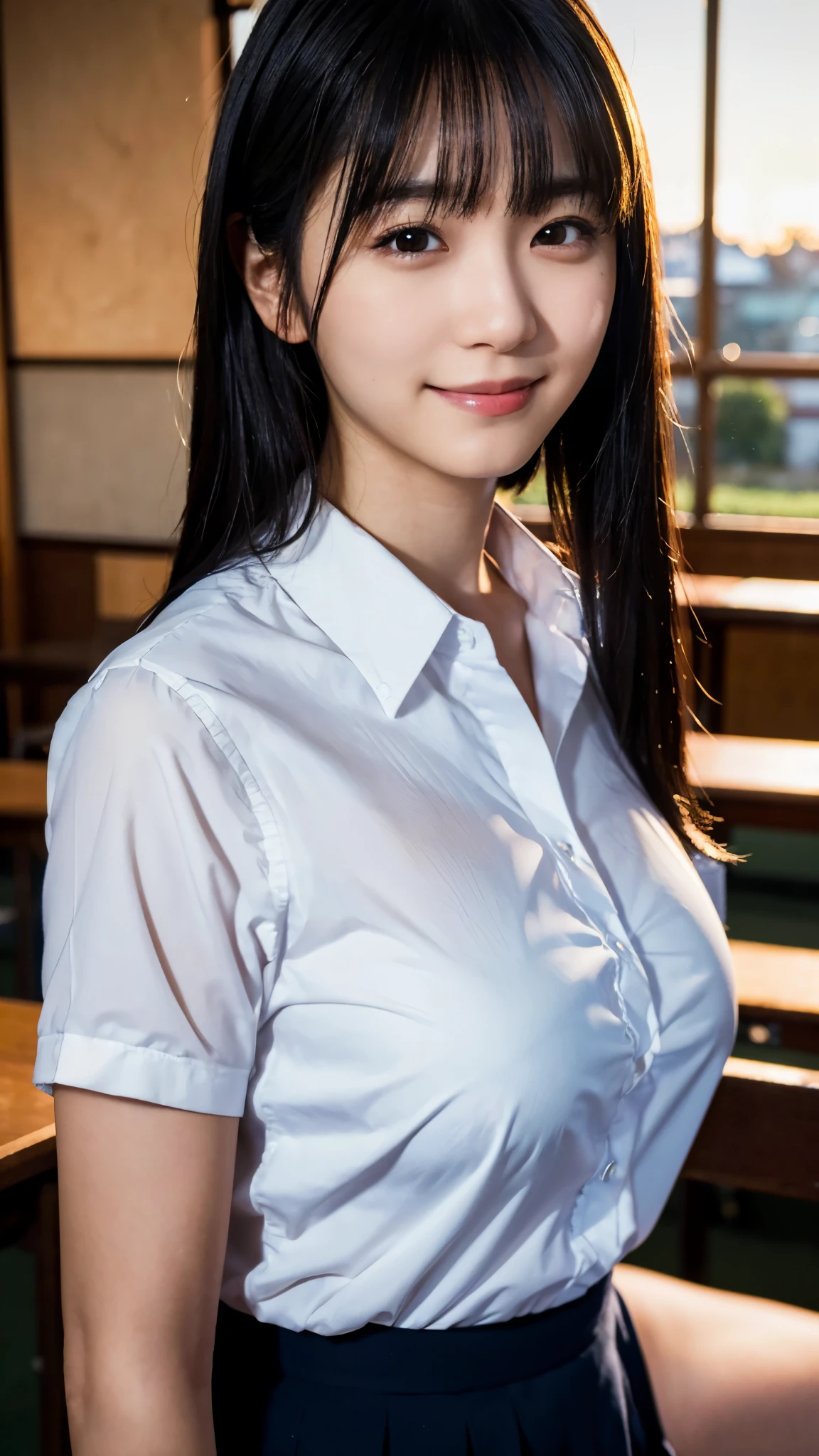 (highest quality,masterpiece:1.3,Ultra-high resolution),(Super detailed,Caustics,8k), (Photorealistic:1.4, RAW shooting),dusk,Sunset sky,Dimly lit classroom,Japanese,20-year-old,smile,Black Hair Middle Hair,(White shirt),Big Breasts,Bust up shot,Natural light