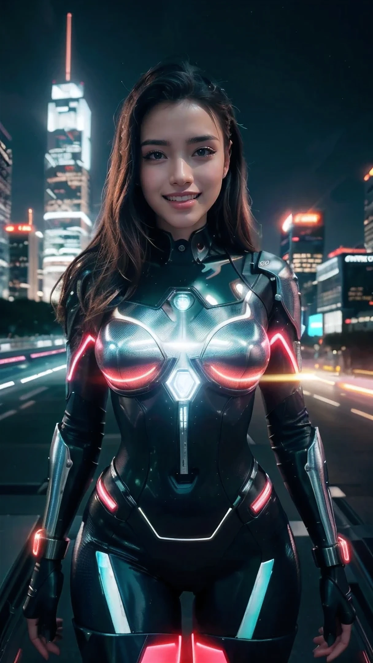 detailed futuristic cityscape,skyscrapers,shiny metallic architecture,hovering cars,neon lights,glowing holographic displays,cyborg woman taking a selfie,bright happy smile,warm lighting,vibrant colors,cinematic atmosphere,photorealistic,8k,high resolution