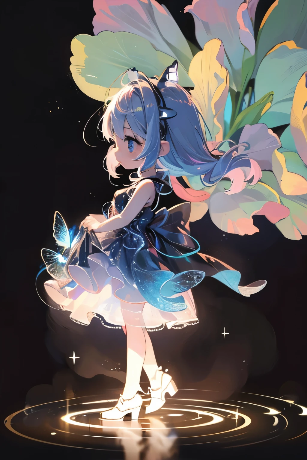 Photorealistic、Chibi Girl Doll(Enjoy the night view from the riverside、firefly、Bioluminescence)