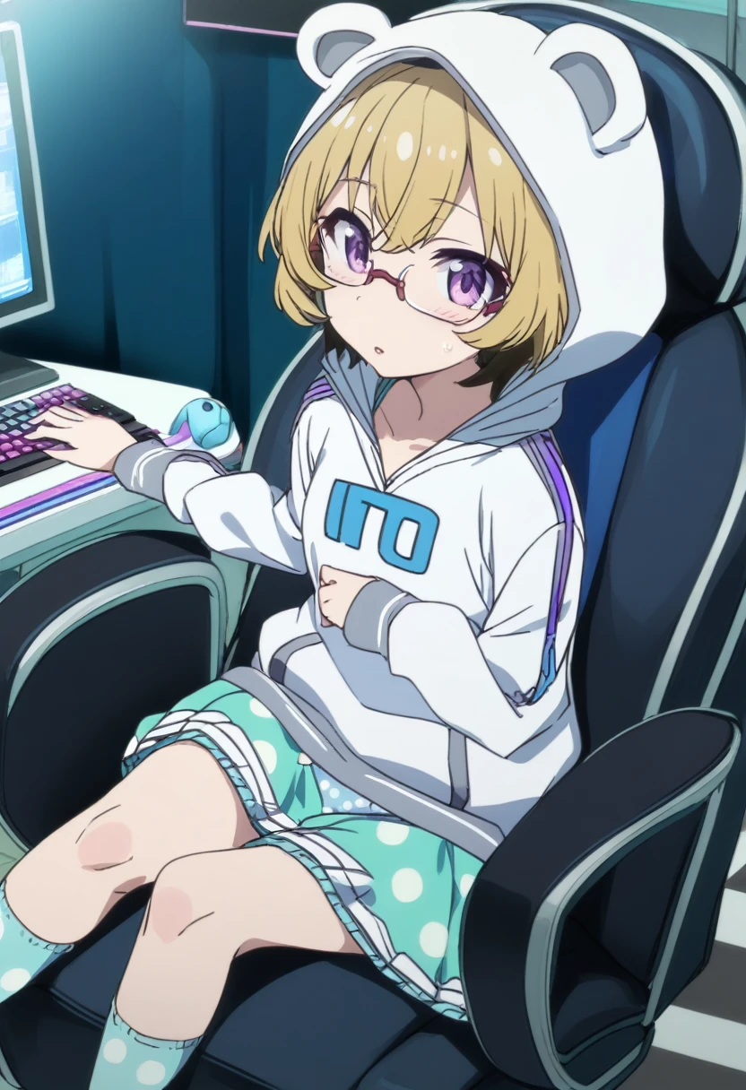 1 girl, solo, Ito, hood with animal ears, white hoodie, blonde hair, glasses, multicolored hair, blue polka dot panties, purple eyes, short hair, aqua skirt, socks, sitting on gamer chair, 