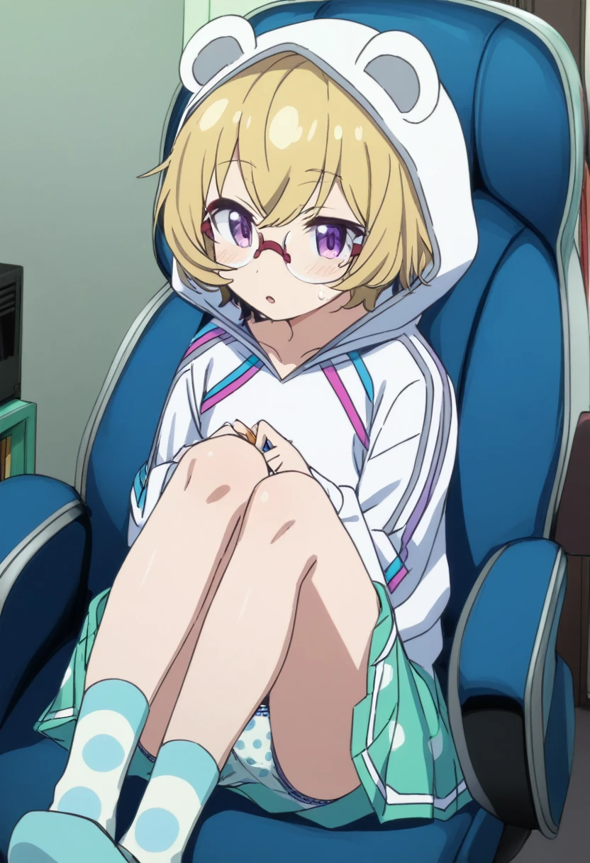 1 girl, solo, Ito, hood with animal ears, white hoodie, blonde hair, glasses, multicolored hair, blue polka dot panties, purple eyes, short hair, aqua skirt, socks, sitting on gamer chair, 