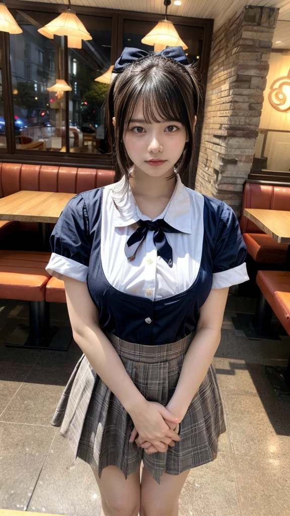 Highest quality、masterpiece、、Very detailed、Realistic、(Young face:1.4)、(Looks like an elementary school kid:1.4)、(Two Girls)、(Looking at me with a mischievous smile)、whole body、Small face、Narrow shoulders、(Big Breasts)、Thin and beautiful legs、Tight and slim waist、(Waitress uniform with buttons and collar:1.2)、(Light blue plaid mini skirt:1.1)、Short Hair、(Erect nipples:1.1)、apron、restaurant