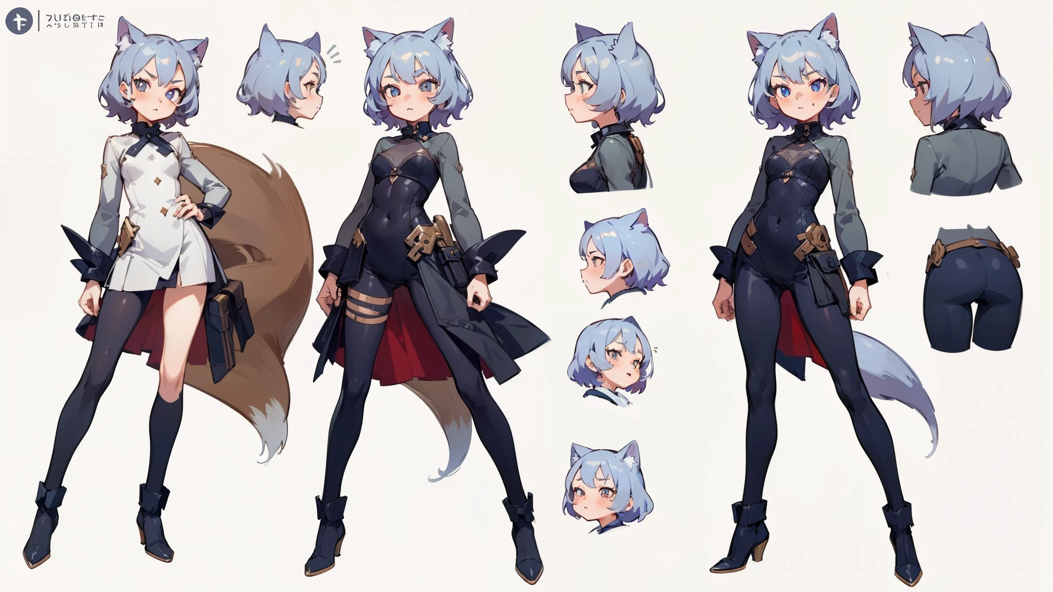((masterpiece, highest quality)), ((tsurime)),Detailed face, Character Sheet, Full Body Lesbian, One girl,show,Full of details, Various poses and expressions, Very detailed, depth, A graceful wild fox girl with mostly silver hair, Sparkling eyes, Delicate skin, 青い髪のYouTuberCharacter Sheet,Catwoman, whole body, sexy