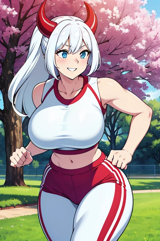 -artwork- -4k- -high quality- a completely white entity, bright white hair, light blue eyes, no human features, sexy female body, big breasts, big butt, big waist, red horns, dressed in sportswear, sports pants, running in a nice park, with a smiling and tender expression.
