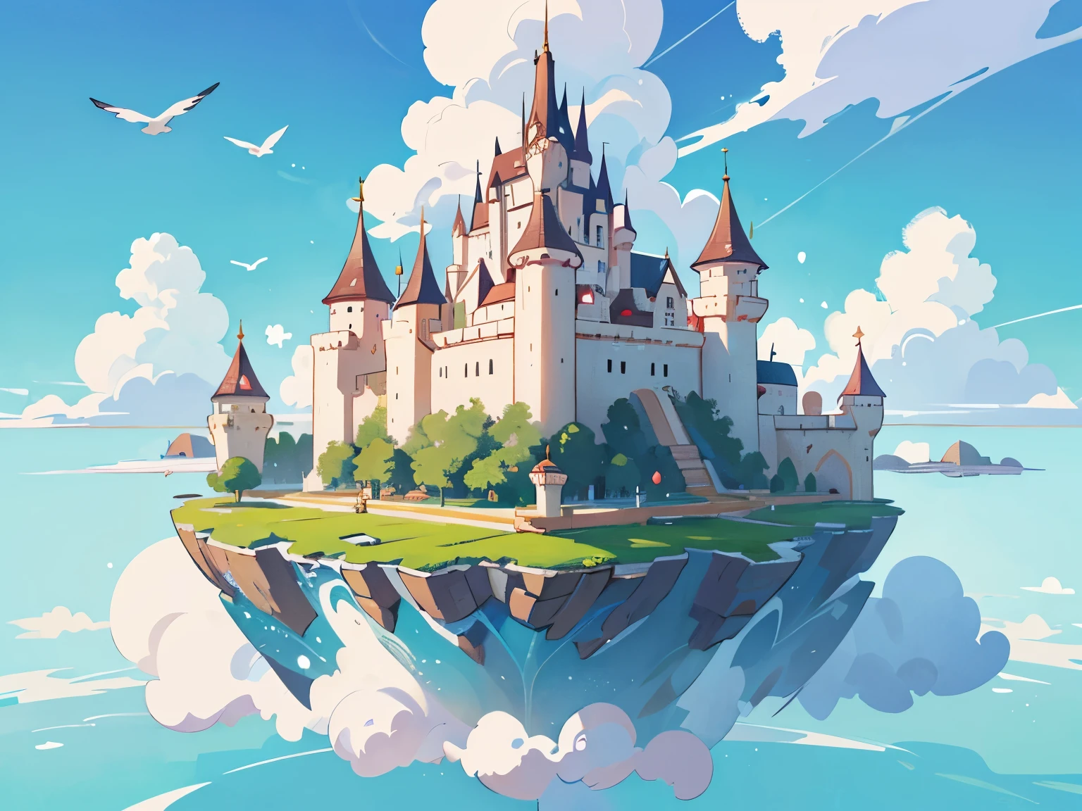 a close up of a castle on a floating island in the sky, flying cloud castle, palace floating in the sky, floating city on clouds, floating island in the sky, island floating in the sky, castle made of clouds, flying island in the sky, floating city in the sky, cloud palace, beautiful detailed fantasy, an immense floating castle