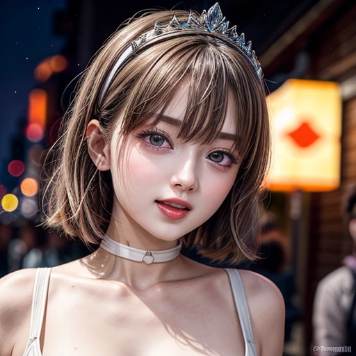 masterpiece of professional Analog photo, realistic and photorealistic with touch of rawness, (a close-up portrait of a tiny princess wearing white thongs on a city street), Dusk Sky with afterglow, intricate lighting effects with light particles, (many colorful lights dazzling bokeh), Traffic lights, crowd of tiny girls enjoying summer festival, { Childish | Gigantic Cleavage }, (((NOGIZAKA)))  Extremely Detailed very KAWAII face variation, perfect anatomy, captivating gaze, elaborate detailed Eyes with (sparkling highlights:1.2), long eyelashes、Glossy RED Lips with beautiful details, Coquettish tongue, Rosy cheeks . (Dynamic joyful expressions), { pleasure in agony | Ecstasy | :D | screaming | Perplexed }, Mystic sight . hair and eye color is same color, { Red leather high collar | Red ribbon }, from diagonally angle. short bob, Tiny princess tiara .