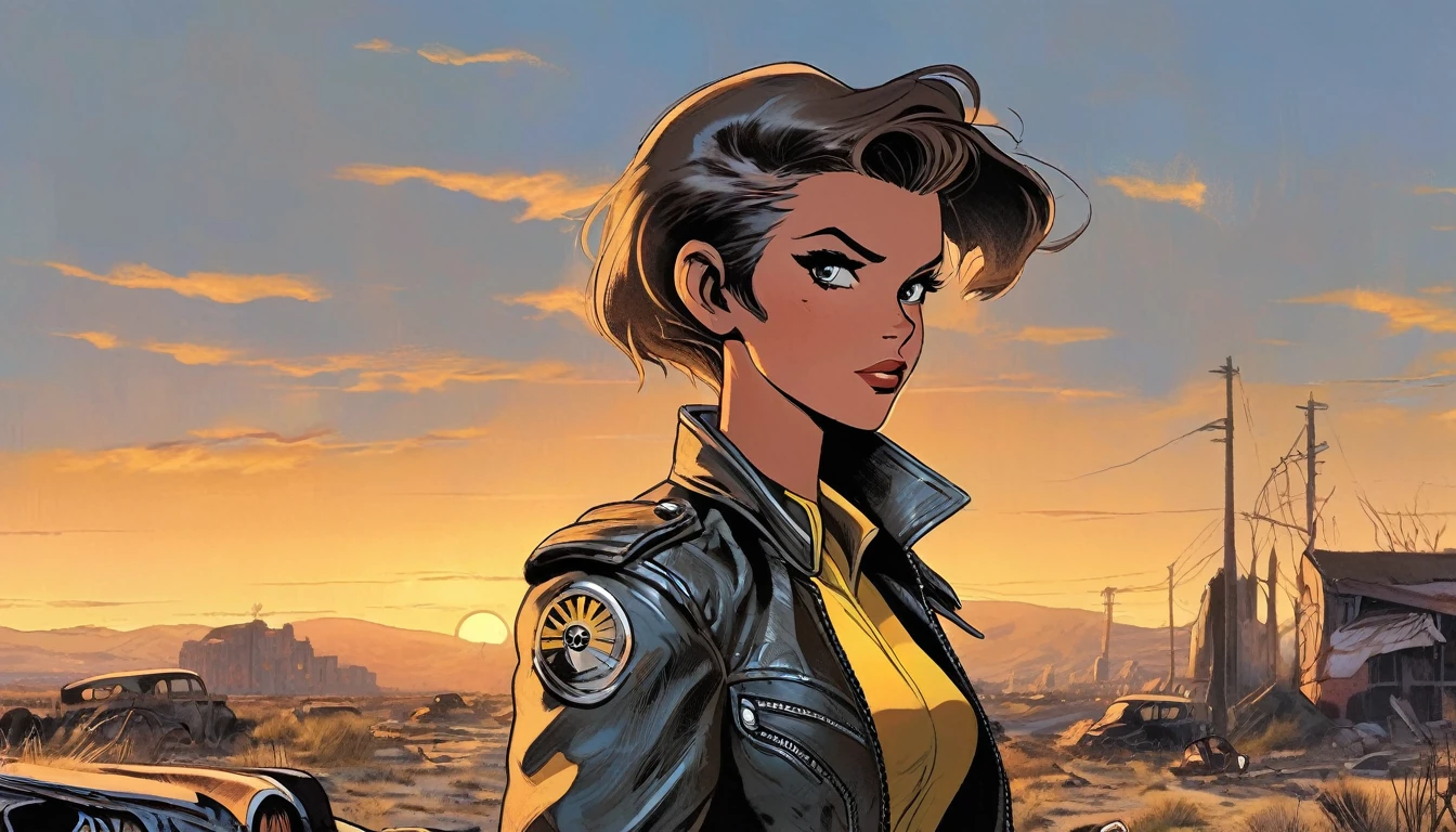 1girl, expressive eyes, wink, tanned skin, in fallout leather jacket, vaul-boy pose, wasteland in sunset in background, detail richness, masterpiece, best quality, fallout style, pulp's comics style