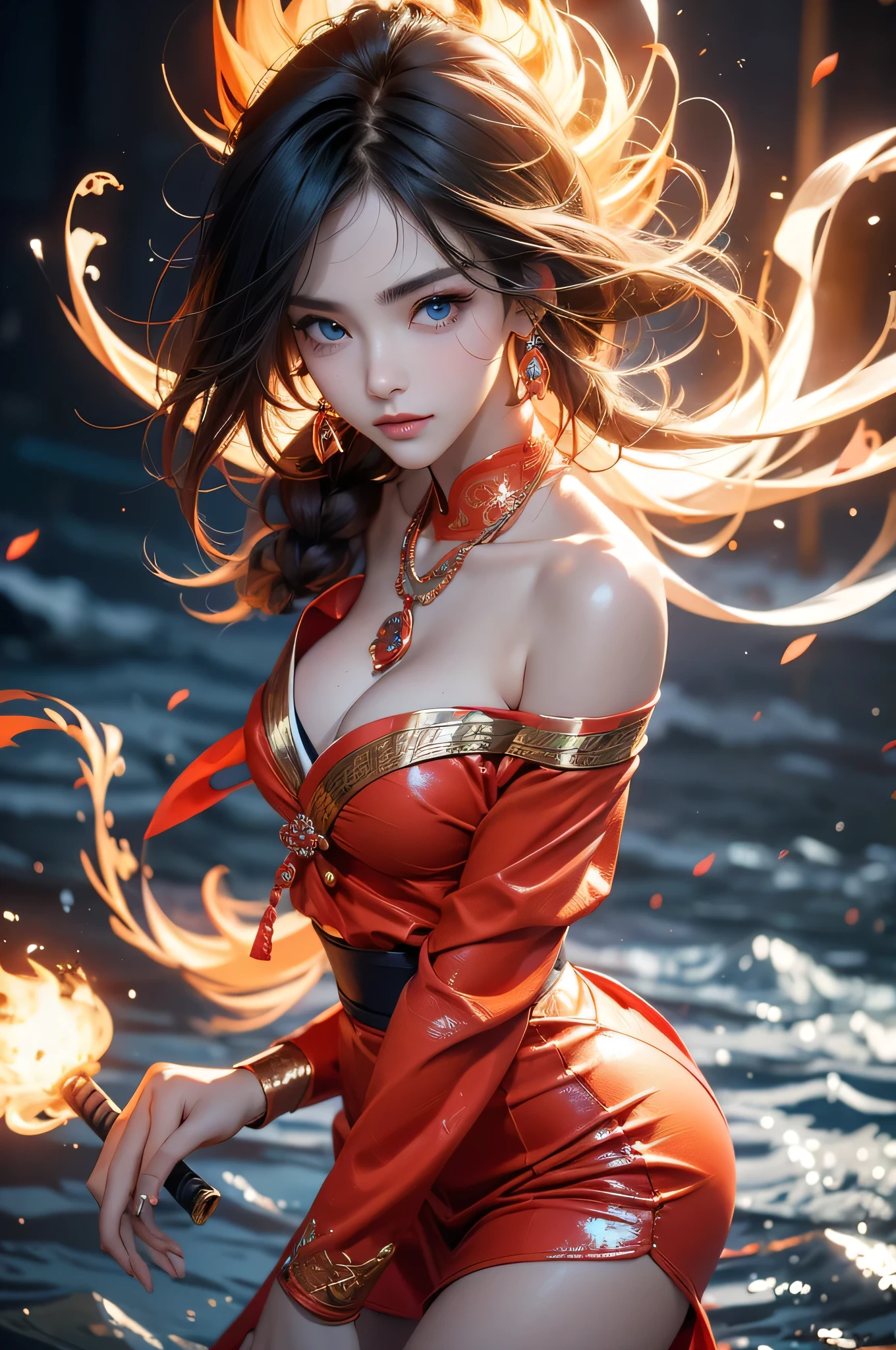 (RAW shooting, Photoreal:1.5, 8k, highest quality, masterpiece, ultra high resolution), Sengoku, Japanese architecture on fire:1.3, Wars flaring up everywhere:1.3, perfect dynamic composition:1.2, Highly detailed skin and facial textures:1.2, Slim female samurai with a sharp Japanese sword:1.3, Fight:1.2, beautiful and aesthetic, cute and sexy beauty, perfect style:1.2, wear elaborate rings, fire, water, Wind, thunder, ice, Fair skin, very beautiful face, (Medium chest, Chest gap), (embarrassing smile, The expression on your face when you feel intense caress, Facial expression when feeling pleasure), (Wearing a sexy Sengoku uniform:1.1, off shoulder), (beautiful blue eyes, Eyes that feel beautiful eros:0.8), (Too erotic:0.9, Bewitching:0.9), full body shot
