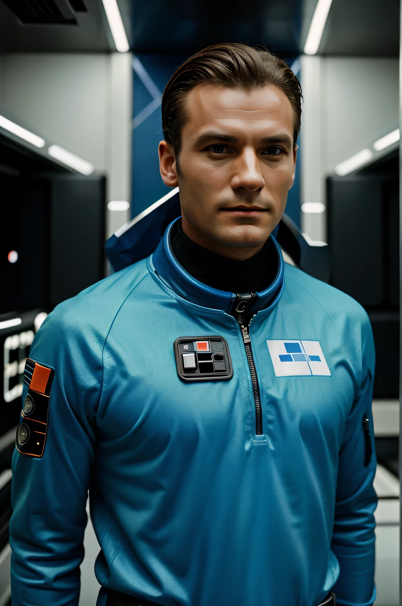 Generate image of a space colonist man of European appearance wearing futuristic social uniform in Star Wars style, [image in 8, Kodak film, cinematic style, American plan, realistic