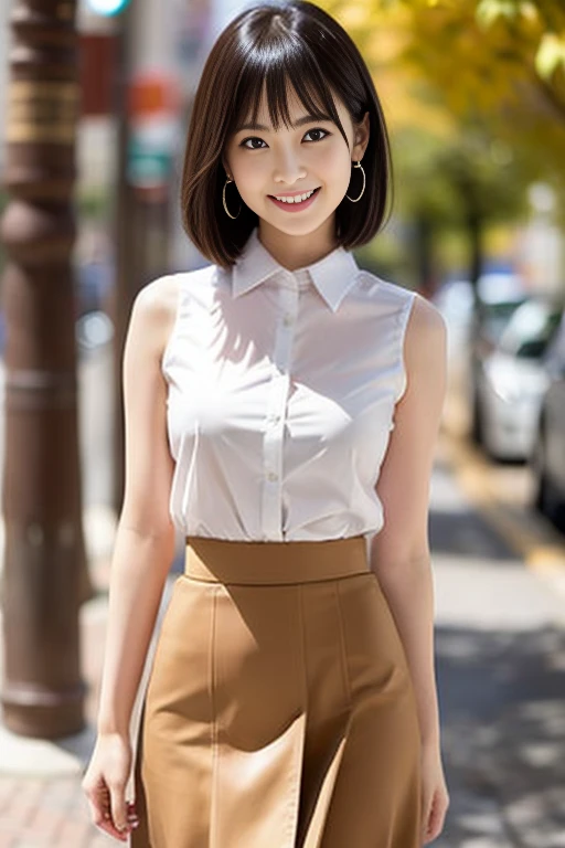 highest quality, masterpiece, 8k, ultra high resolution, (realistic: 1.4), 1 girl, beautiful face, symmetrical eyes, big, perfect body proportions, ((short bob))、((brown hair)), clerk、(white shirt、Tight Skirt)、sit on a chair、desk work、the gaze of the beholder, (Inside the company、blurred background), Front view, Absolute area (1.3),friendly smile、seems kind、cowboy shot