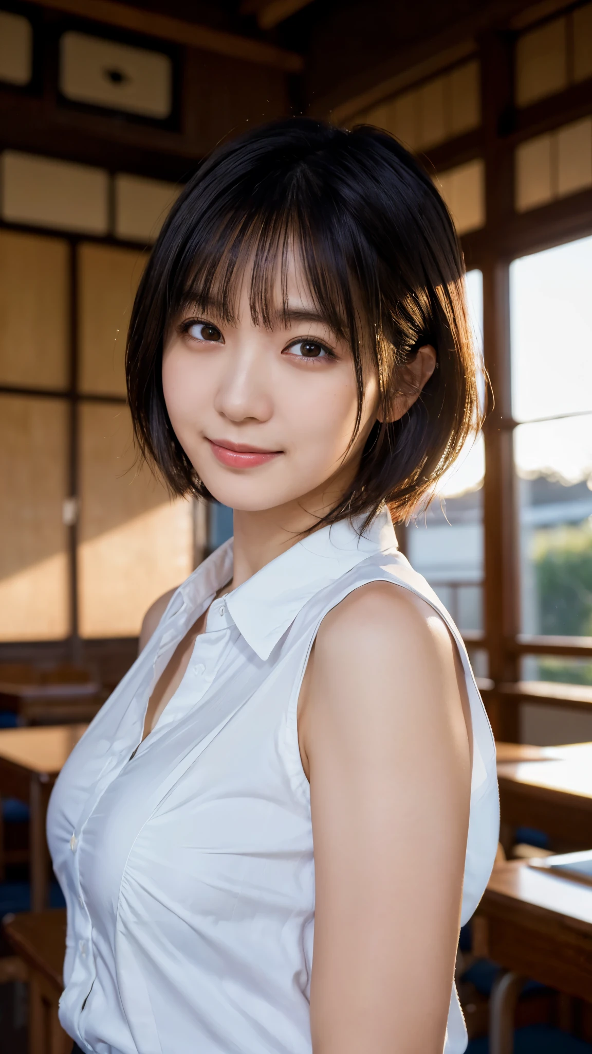 4k、best、masterpiece、An ultra-high picture quality、realisitic、woman、(Beauty Face 1.4)、(Small breasts、constriction waist)、A slender、Micron、glowy skin、schools、Classroom、japanes、short-hair、Ecstatic look、seminude