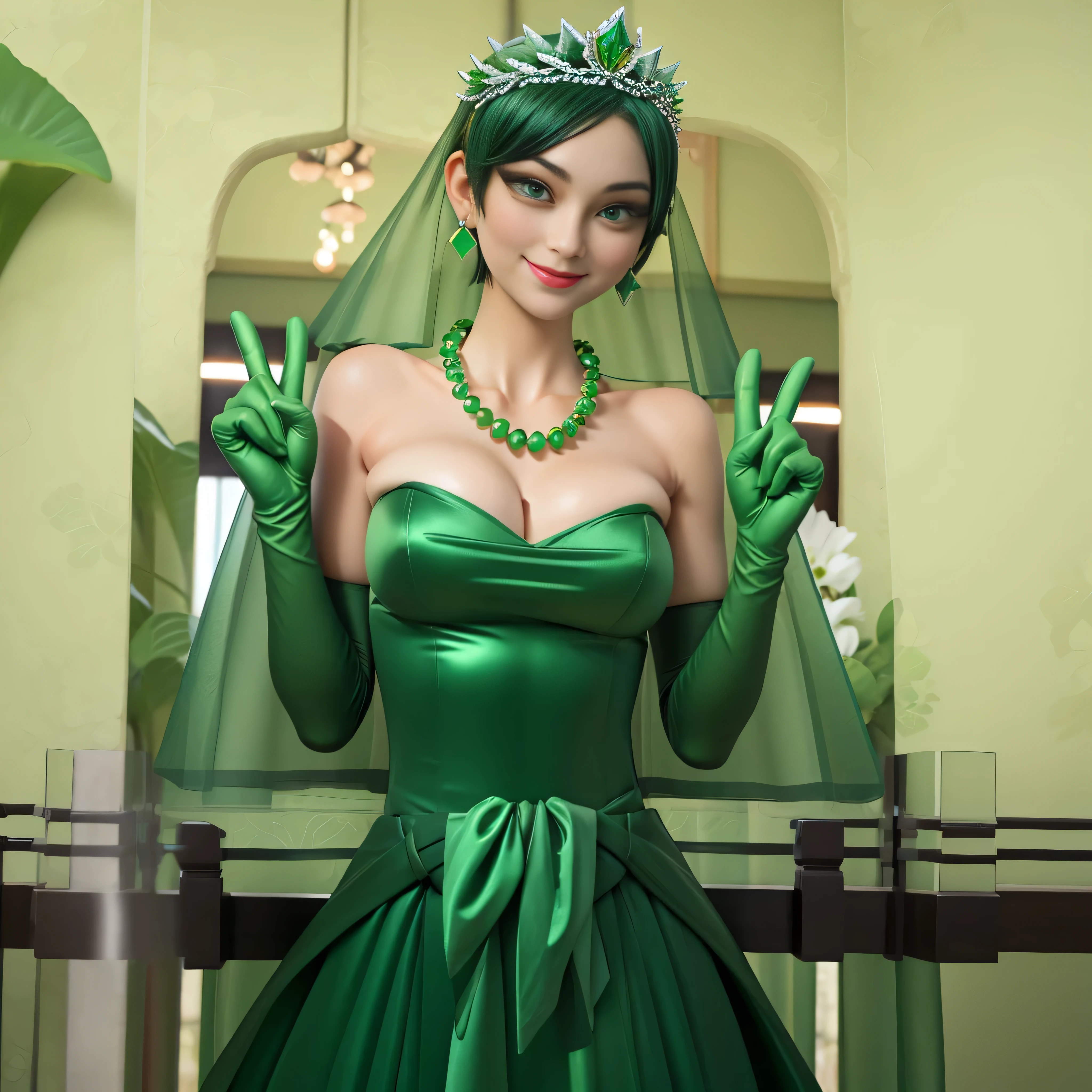 Emerald tiara, Green Pearl Necklace, Boyish very short green hair, lipstick, Smiling Japanese woman, Very short hair, Big and beautiful, Green Eyes, Long green satin gloves, Green Eyes, V sign, Emerald Earrings, Green veil, peace sign, 30-year-old female, Bride in her 30s
