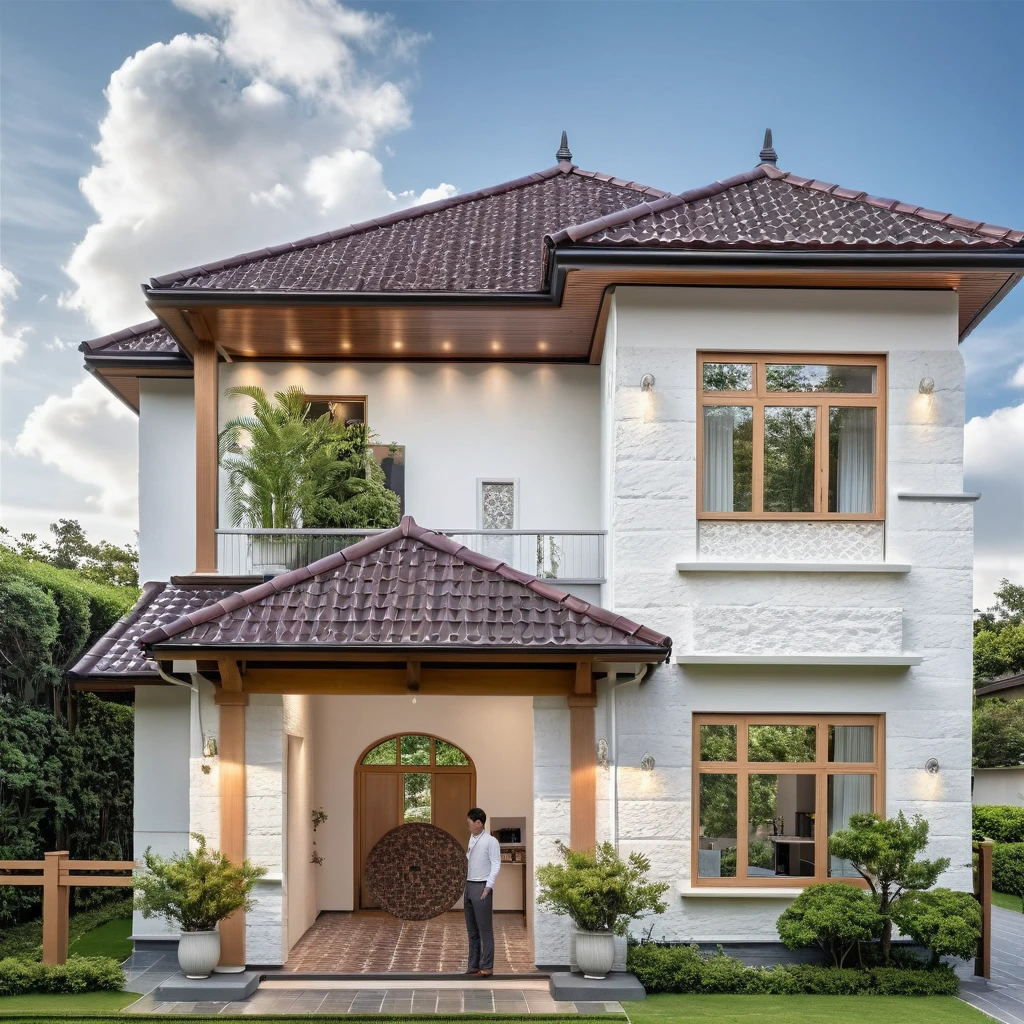 Raw photo,Masterpiece, high quality, best quality, authentic, super detail, exterior, outdoors, house style modern on the street,pavement, grass, trees, sky, cloud, (day:1.1), ((MIX WHITE AND Chocolate style color : 1.3)); (((CHOCOLATE COLOR STYLE ROOF TILES : 1.7))) , japanese roof style