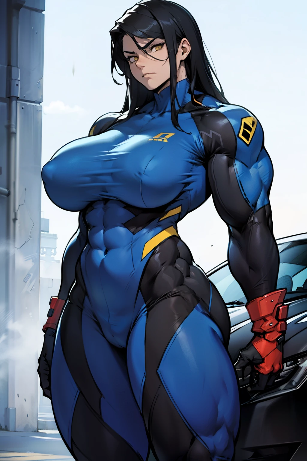 huge muscles huge breasts huge thighs pale skin black hair yellow eyes very long hair muscular girl sad frown expressionless huge muscles huge breasts huge thighs huge muscles huge breasts huge thighs skintight suit