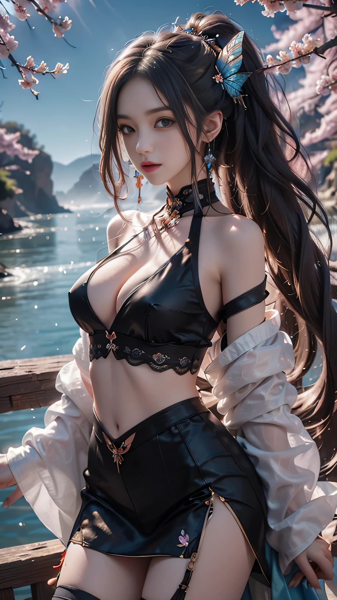 8K, ultra hd, masterpiece, hd colors, 1 girl, perfect face, very long curly hair, detailed eyes, simple clothing, gradient black clothing, stocking, lace, sardine, bare waist, jwellery, waterside, Realistic scenery, epic scenery, sun rising, evening, clouds, Butterfly, cherry blossom, blowing wind, perfect pose,