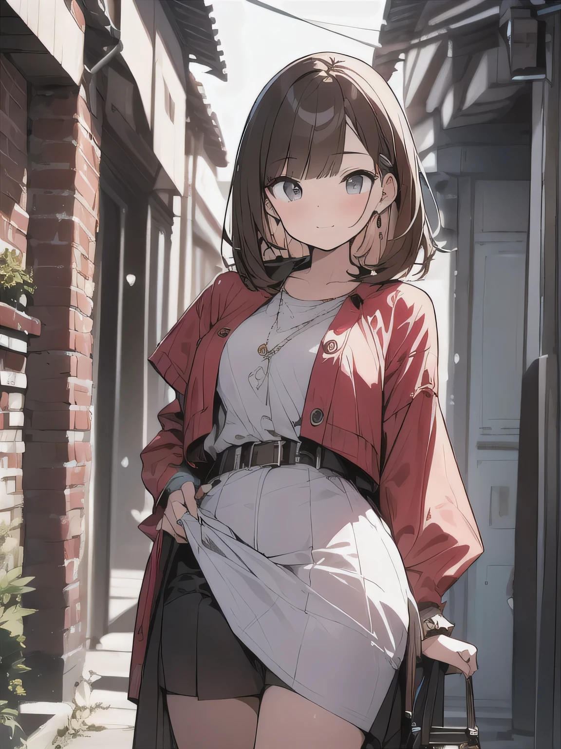 (best quality), (Super detailed), (Best Illustration), (masterpiece), score_9, score_8_up, score_7_up, 4k,
A woman with brown hair and a bob hairstyle sits in a rural alley,