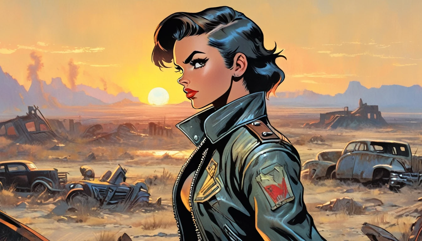 1girl, expressive eyes, wink, tanned skin, in fallout warrior leather jacket, vaul-boy pose, wasteland in sunset in background, detail richness, masterpiece, best quality, fallout style, pulp's comics style