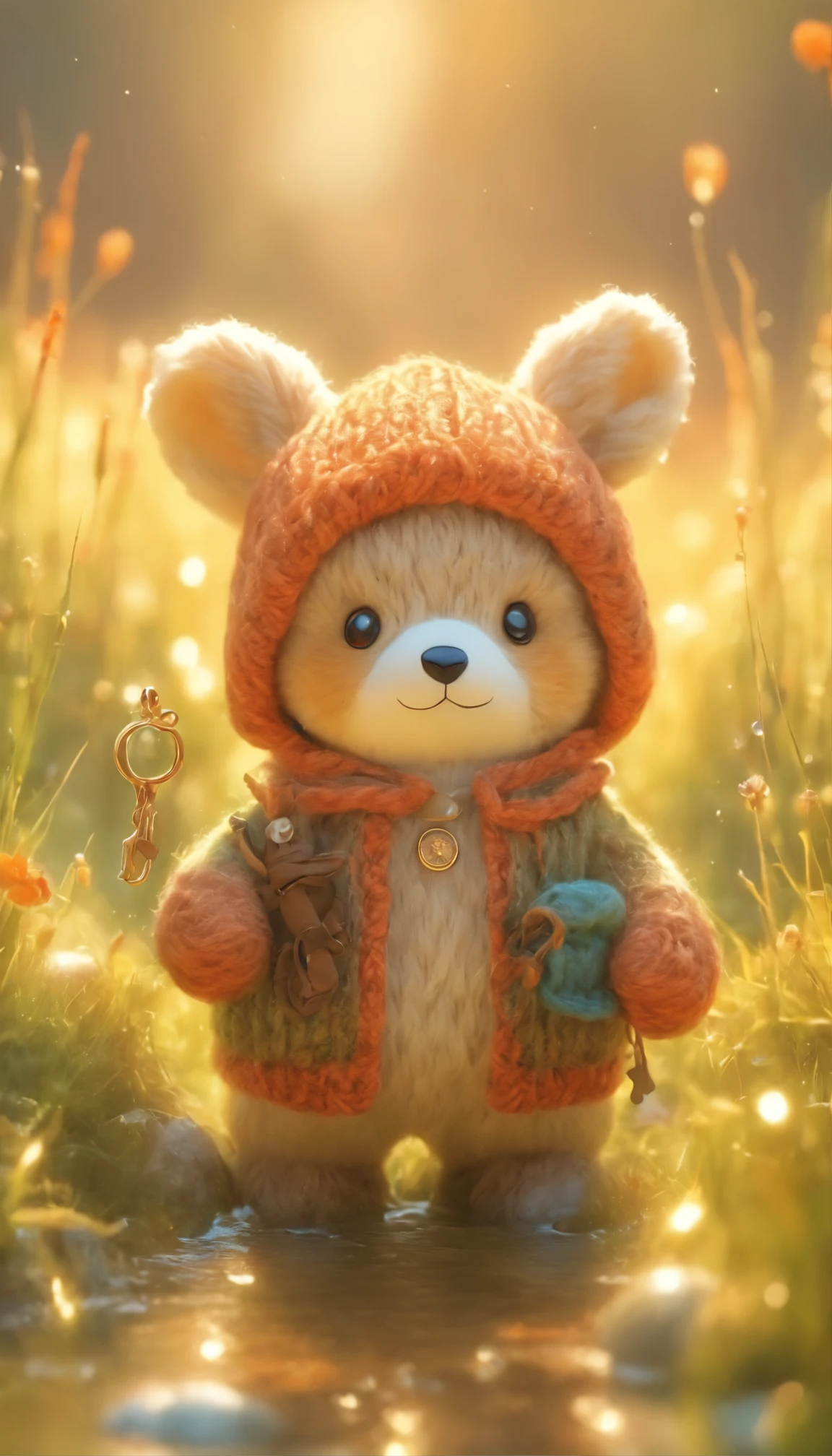 Knitted toy bear、A little anthropomorphic rabbit in a hat、Antique clothing from the 17th century、Macro shot of thick dewy grass、Dewdrops reflecting the surrounding environment、Ultra-detailed toys、All wool yarn looks like a toy、All the buttons and scrubs on the clothes are clearly visible.、Carrying all his belongings on his small back、Cute Animals、 Cute Toys、Exquisite details、High resolution、highest quality、Ultra HD、Illuminated by the golden morning light、It reminds me of a small, worn antique train.