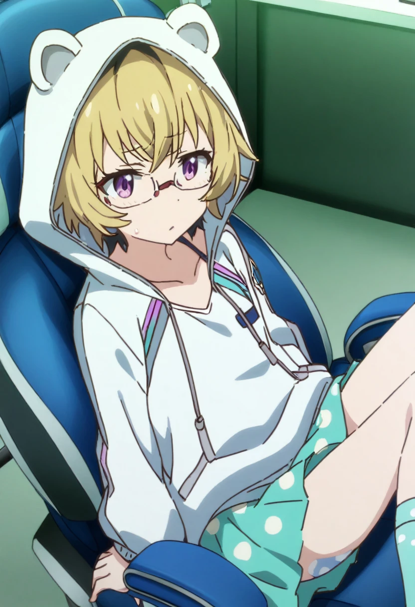 1 girl, solo, Ito, hood with animal ears, white hoodie, blonde hair, glasses, multicolored hair, blue polka dot panties, purple eyes, short hair, aqua skirt, socks, sitting on gamer chair, 